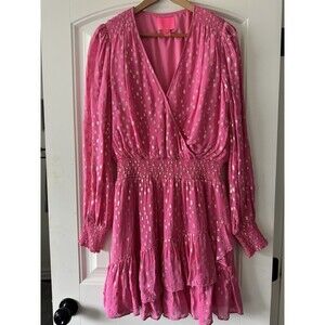 Lilly Pulitzer Cristiana Aura Pink Gold Metallic Dot Long Sleeve Dress Size 12